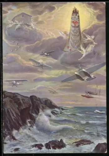 Künstler-AK Wasserflugzeuge über einer Küste