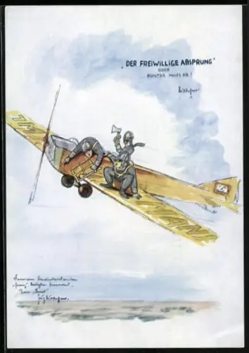 Künstler-AK Pilot sägt an der Tragfläche eines Flugzeugs