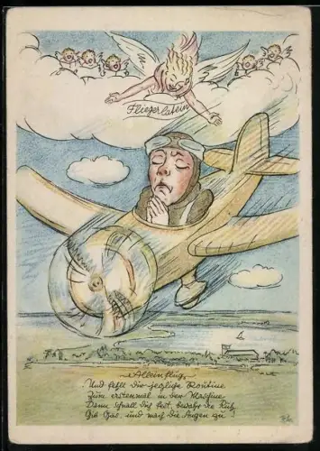 Künstler-AK Pilot betet in seinem Flugzeug