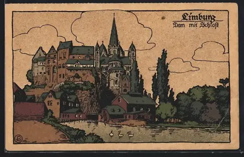 Steindruck-AK Limburg / Lahn, Dom mit Schloss