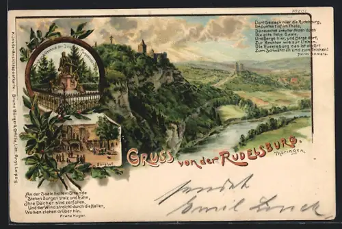 Lithographie Saaleck / Saale, Rudelsburg, Burghof, Bismarck-Denkmal der Deutsch.-Corpsstudent