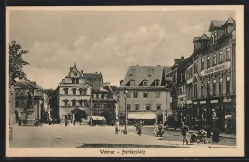 AK Weimar / Thüringen, Herderplatz mit Geschäften