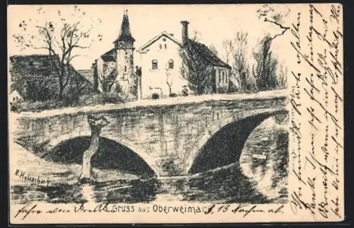 Künstler-AK Oberweimar / Thüringen, Uferpartie mit Brücke