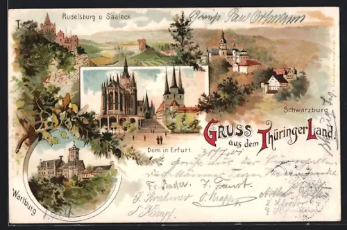 Lithographie Saaleck / Saale, Rudelsburg u. Wartburg, Dom in Erfurt und Schwarzburg