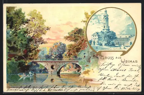 Lithographie Weimar / Thüringen, Residenz-Schloss, Sternbrücke