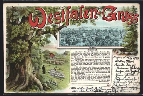 Lithographie Hagen / Westfalen, Stadtansicht, Eichenbaum, Schäfer mit Herde