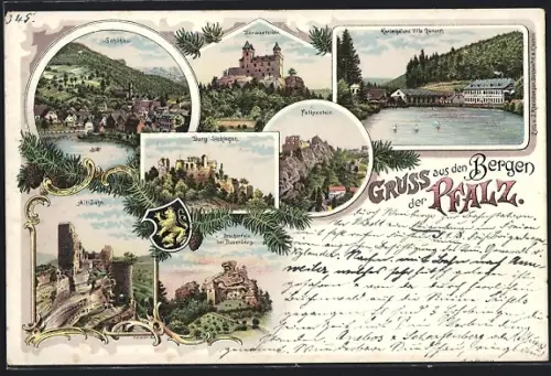Lithographie Schönau / Pfalz, Schlossberg, Burg Trifels, Burg Scharfenberg, Altdahn, Burgruine Neudahn
