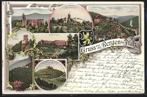 Lithographie Bad Dürkheim, Kloster Limburg, Madenburg, Trifels, Burg Neuscharfeneck, Wolfsburg, Burg Landeck, Burgruinen