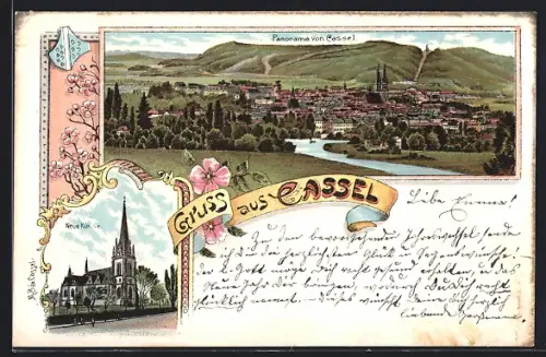 Lithographie Cassel, Panorama, Neue Kirche