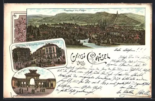 Lithographie Cassel, Panorama, Friedrich-Wilhelmsplatz mit dem Löwenbrunnen, Au-Tor