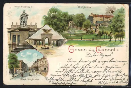 Lithographie Cassel, Denkmal Friedrich II., Drahtbrücke, Auetor, Obere Königstrasse
