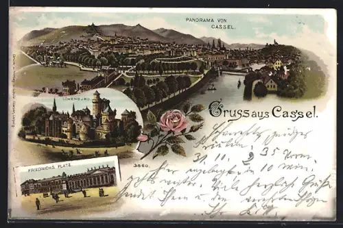 Lithographie Cassel, Panorama, Löwenburg, Friedrichs Platz