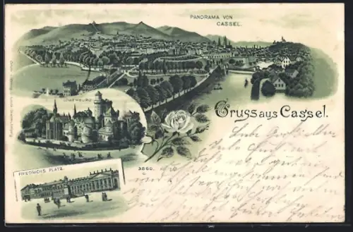 Lithographie Cassel, Panorama, Löwenburg, Friedrichs Platz
