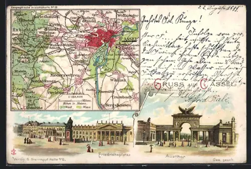 Lithographie Cassel, Friedrichsplatz, Auethor, Stadtplan