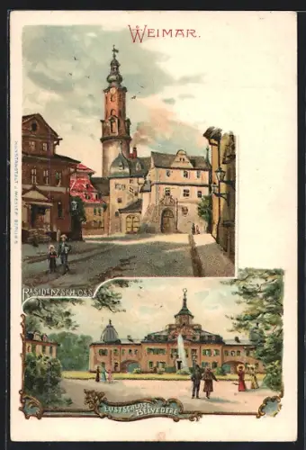 Lithographie Weimar / Thüringen, Residenzschloss, Lustschloss Belvedere