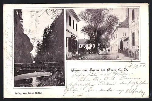 AK Saxen, Strassenpartie, Brücke über den Fluss