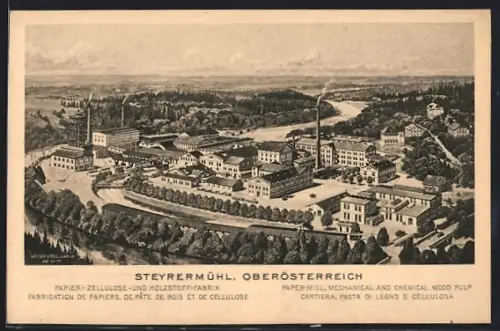 Künstler-AK Steyrermühl /Oberösterreich, Papier- Zellulose- und Holzstoff-Fabrik