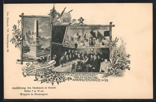 AK Wien, Gasthaus Brückners Tiroler Weinstuben, Mariahilferstrasse 128, Hofer-Stüberl, Innenansicht, Kriegerdenkmal