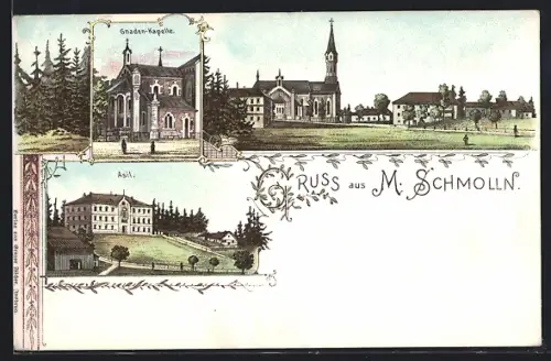 Lithographie Maria Schmolln, Ortspartie mit Kirche, Gnaden-Kapelle, Asyl