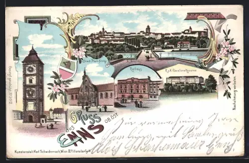 Lithographie Enns, Rathaus, K.u.K. Cavallerie Kaserne, Stadtpfarrkirche