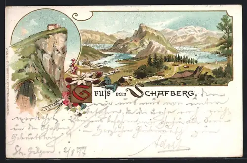 Lithographie Schafberg, Hotel, Gebirgspanorama