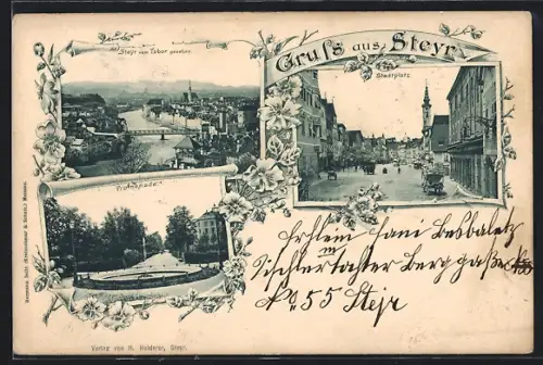 AK Steyr, vom Tabor aus gesehen, Promenade, Stadtplatz