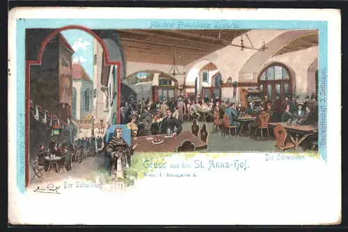 Künstler-AK Wien, Ansichten des St. Anna-Hofes mit Schankhof und Schwemme
