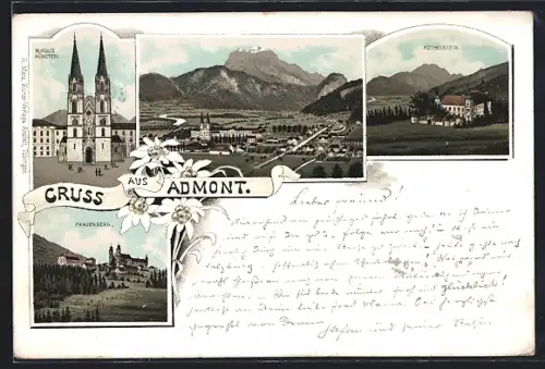 Vorläufer-Lithographie Admont, 1895, Blasius-Münster, Röthelstein, Frauenberg, Ortsansicht