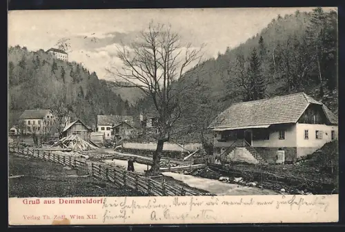 AK St. Lorenzen am Wechsel, Demmeldorf, Ortspartie mit Brücke
