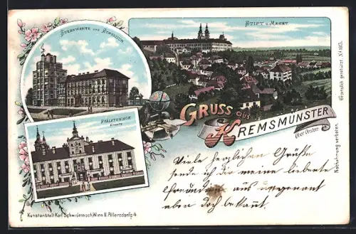Lithographie Kremsmünster, Sternwarte und Gymnasium, Prälatenhof
