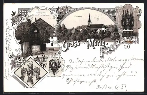Lithographie Maria-Fallsbach /O.Ö., Baumgartner`s Gasthaus am Kirchenbrunnen, Gnaden-Altar, Gnadenbild
