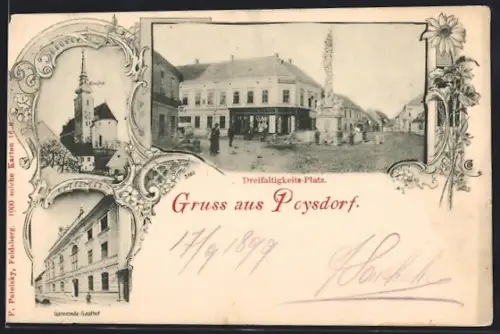 AK Poysdorf, Gemeinde-Gasthof, Dreifaltigkeits-Platz, Kirche
