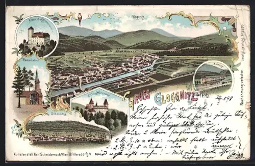 Lithographie Gloggnitz, Schloss Wartenstein, Silberberg, Bahnhof