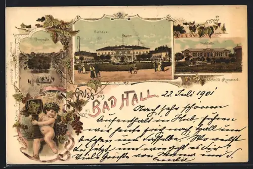 Lithographie Bad Hall, Kurhaus, Trinkhalle, Promenade