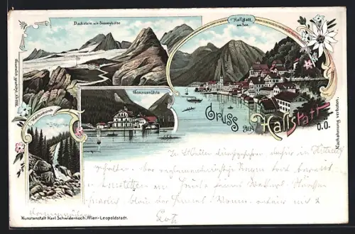 Lithographie Hallstatt, Ortsansicht mit See, Gosaumühle, Dachstein mit Simonyhütte
