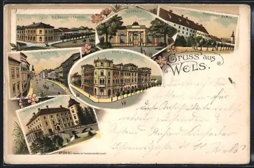 Lithographie Wels, Postgebäude, Stadtplatz, K. k. Cavallerie-Kaserne, Volkshalle