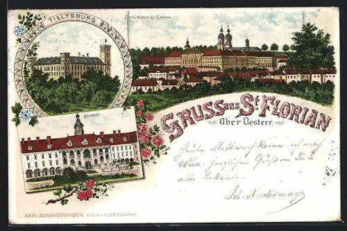 Lithographie St. Florian /Ober-Oesterr., Tillysburg, Stiftshof, Ortsansicht mit dem Stift