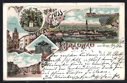 Lithographie Braunau am Inn, Stadtplatz, Stadthaus, Palm-Denkmal, Ortsansicht