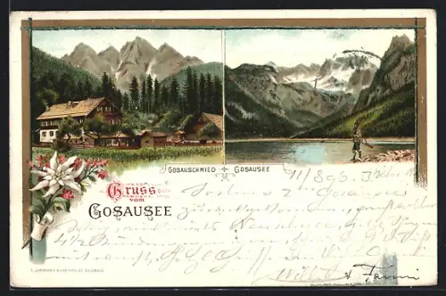 Lithographie Gosausee, Gosauschmied, Panorama