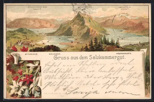 Lithographie Attersee, Ortsansicht mit Bergpanorama