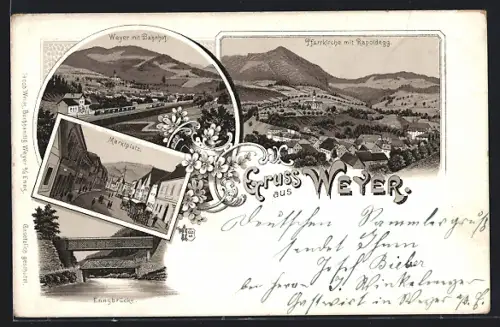 Lithographie Weyer, Bahnhof, Marktplatz, Pfarrkirche mit Rapoldegg, Ennsbrücke