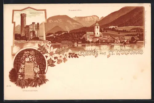 Lithographie St. Wolfgang, Ortsansicht, Scheffelstein, Leuchtturm