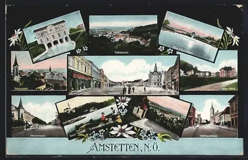 AK Amstetten, Elektrizitätswerk, Wienerstrasse, Villen-Viertel, Hauptplatz mit Geschäften, Rathausstrasse