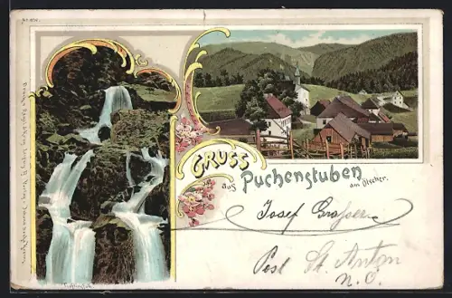 Lithographie Puchenstuben am Ötscher, Wasserfall und Panorama