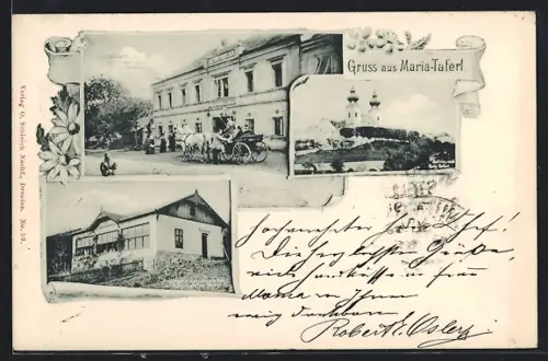 AK Maria-Taferl, Gasthof zum Hirschen, Finzingers Gartenveranda, Wallfahrtskirche