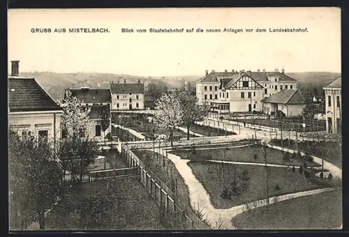 AK Mistelbach, Blick vom Staatsbahnhof auf die neuen Anlagen vor dem Landesbahnhof