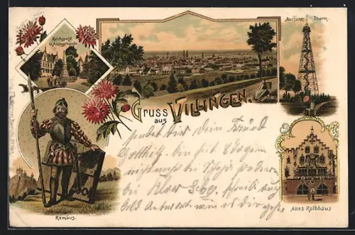 Lithographie Villingen / Baden, Altes Rathaus, Aussichts-Turm, Romäus