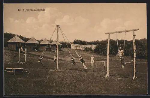 AK Gleschendorf / Lübeck, Kurhotel Sachsenhof, Turner bei Freiübungen, Badekultur
