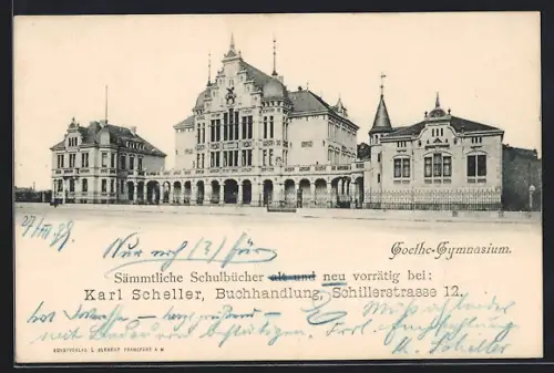 AK Frankfurt-Westend, Goethe-Gymnasium, Buchhandlung Karl Scheller, Schillerstrasse 12