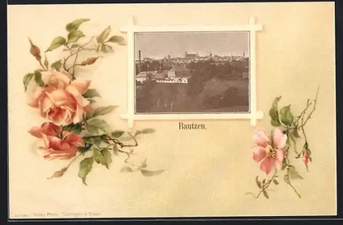 Passepartout-Lithographie Bautzen, Stadtansicht, Rosen
